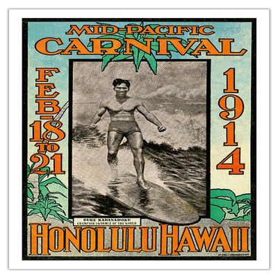 1914 Mid-Pacific Carnival - Duke Kahanamoku - Honolulu Hawaii - Vintage Travel Poster by Lew Henderson, Ned Steel c.1914 - Fine Art Matte Paper Print (Unframed) 30x44in