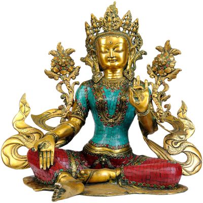 Saviour Goddess Green Tara - Brass Statue with Inlay