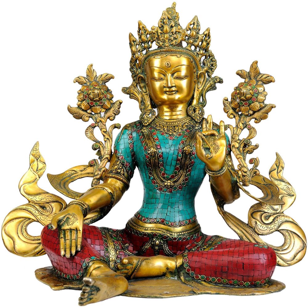 Saviour Goddess Green Tara - Brass Statue with Inlay