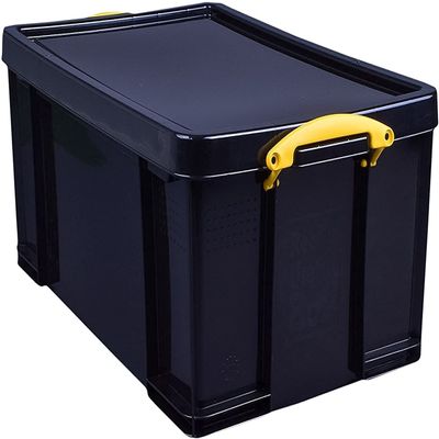 Really Useful Box Plastic Storage 48 Litre Solid Black with Yellow Handles