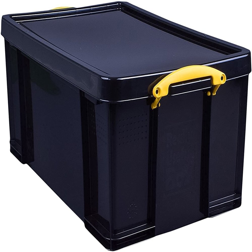 Really Useful Box Plastic Storage 48 Litre Solid Black with Yellow Handles