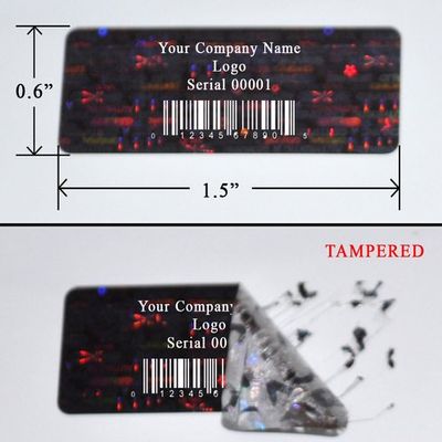 10,000 Tamper Evident Holographic Custom Print Black Security Label Seal Sticker, Rectangle 1.5" x 0.6" (38mm x 15mm).