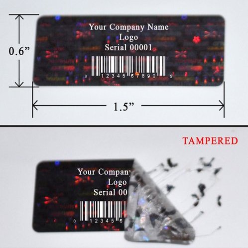 10,000 Tamper Evident Holographic Custom Print Black Security Label Seal Sticker, Rectangle 1.5" x 0.6" (38mm x 15mm).
