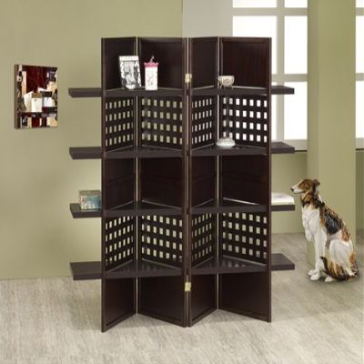 4 panel espresso finish wood room divider shoji screen with 4 shelves in the center