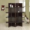4 panel espresso finish wood room divider shoji screen with 4 shelves in the center view 1