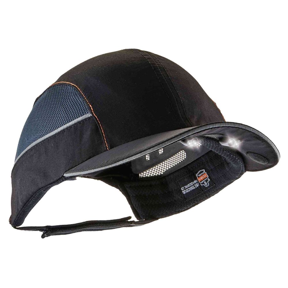 Safety Bump Cap with LED Brim Lighting, Baseball Hat Style, Long Brim, Ergodyne Skullerz 8960 , Black