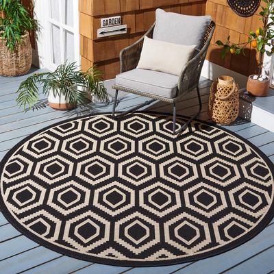 SAFAVIEH Washable Rug Outdoor Courtyard Collection - 7'10" Round, Black & Beige, Non-Shedding & Easy Cleaning, Ideal for Patio, Backyard, Mudroom (CY6902-266)