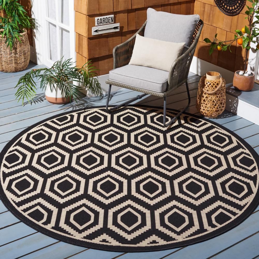 SAFAVIEH Washable Rug Outdoor Courtyard Collection - 7'10" Round, Black & Beige, Non-Shedding & Easy Cleaning, Ideal for Patio, Backyard, Mudroom (CY6902-266)