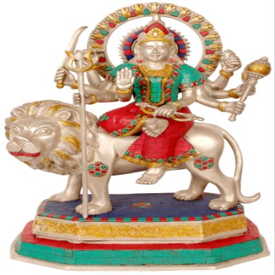 Goddess Durga (Inlay Statue) - Brass Statue with Inlay