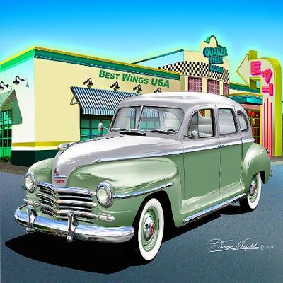 1947 PLYMOUTH AT THE QUAKER STATE & LUBE GREEN - SILVER- OFFICIAL DANNY WHITFIELD ART SIZE 20 X 24