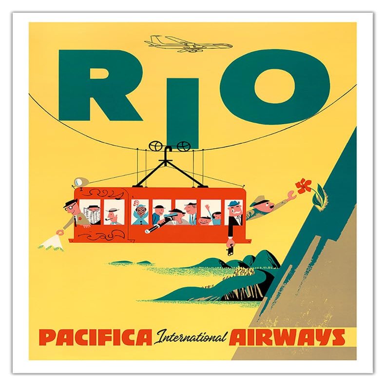 Rio de Janeiro Brazil - Cable Car to Sugar Loaf Mountain - Pacifica International Airways - Vintage Airline Travel Poster c.1950s - Fine Art Matte Paper Print (Unframed) 11x14in