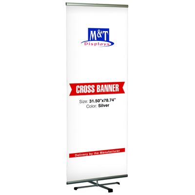 Cross Single banner adjustable height 31.5" Reusable Banner Travel Display 31-1/2" Poster Size Silver Anodized Aluminium, Telescopic Pipe (One)