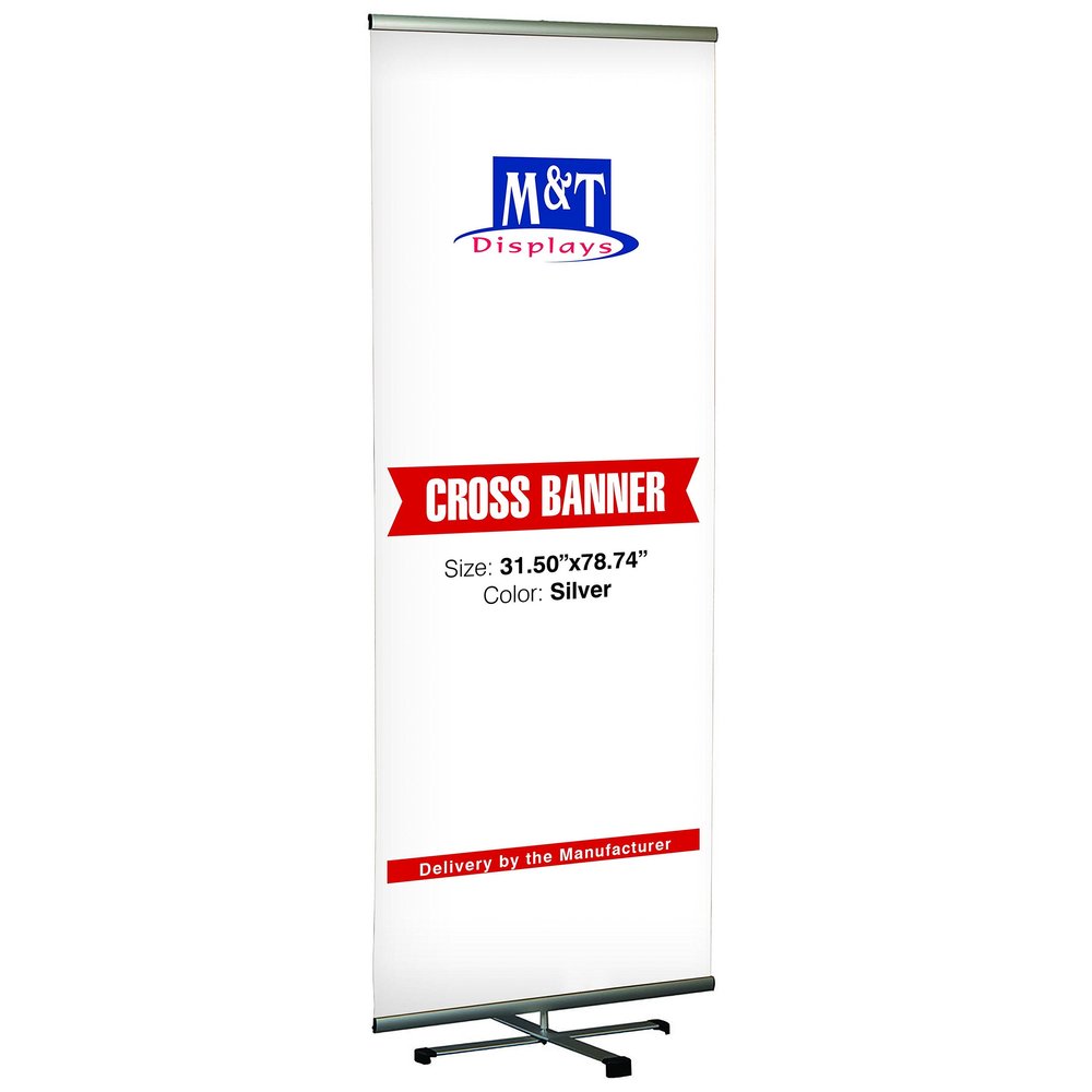 Cross Single banner adjustable height 31.5" Reusable Banner Travel Display 31-1/2" Poster Size Silver Anodized Aluminium, Telescopic Pipe (One)