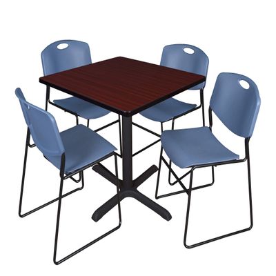 Cain 42" Square Breakroom Table- Mahogany & 4 Zeng Stack Chairs- Blue