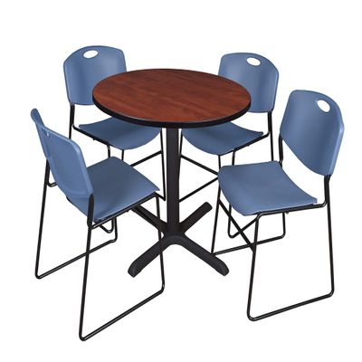 Cain 36" Round Breakroom Table- Cherry & 4 Zeng Stack Chairs- Blue