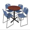 Cain 36" Round Breakroom Table- Cherry & 4 Zeng Stack Chairs- Blue view 1