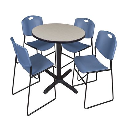Cain 36" Round Breakroom Table- Maple & 4 Zeng Stack Chairs- Blue