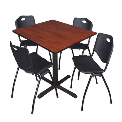 Cain 48" Square Breakroom Table- Cherry & 4 'M' Stack Chairs- Black
