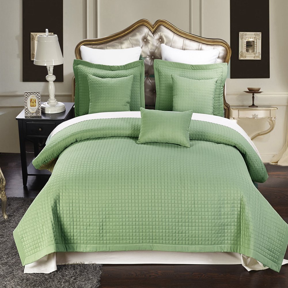 Blancho Bedding Luxury Sage Checkered Quilted Wrinkle Free Microfiber Multi-Piece Coverlets Set Full/Queen 6PC