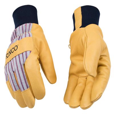 Kinco - Lined Premium Pigskin Leather Work and Ski Gloves, Heatkeep Thermal Insulation, Otto Striped Canvas, Fitted Knit Wrist, (Style No. 1927KW)