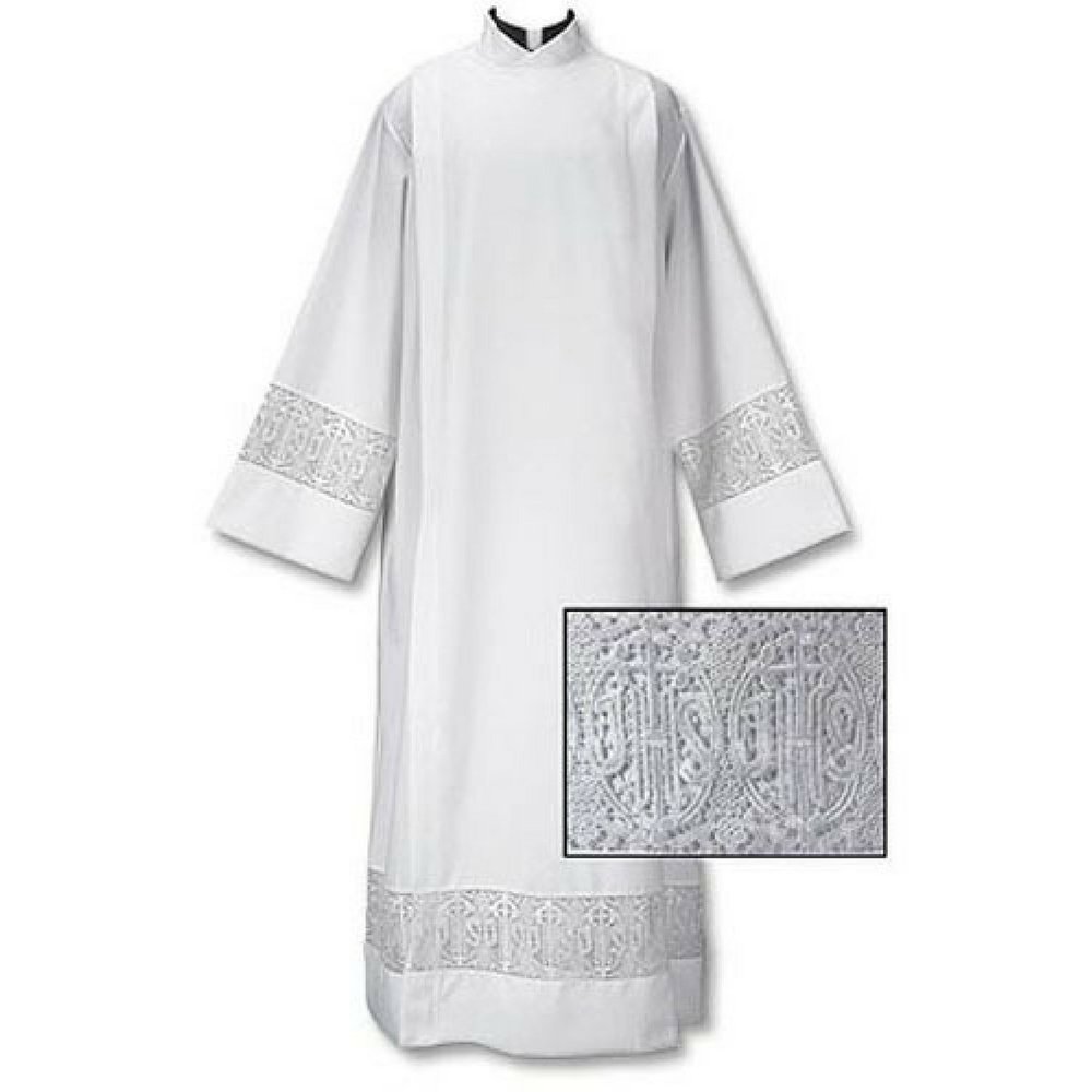 Christian Brands Church Latin Cross and IHS Lace Front Wrap Alb - White - Solid - Religious Garment - Angel