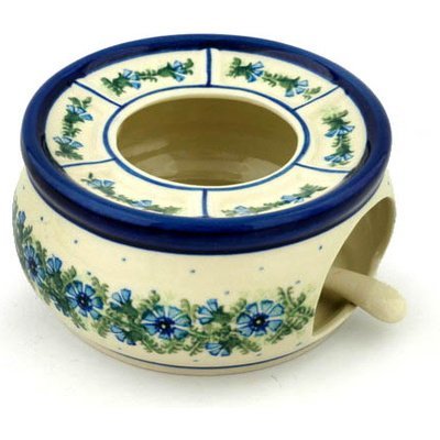 Polmedia Polish Pottery Heater with Candle Holder - Blue Bell Wreath Pattern Handmade in Boleslawiec Poland by Ceramika Artystyczna + Certificate of Authenticity