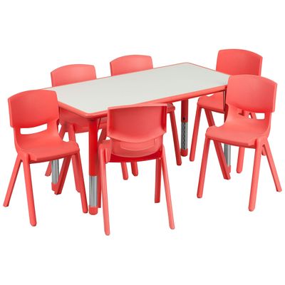 Flash Furniture Emmy Adjustable Classroom Activity Table with 6 Stackable Chairs, Rectangular Plastic Activity Table for Kids, 23.625" W x 47.25" L, Red/Gray