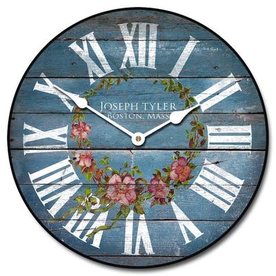 Barnwood Blue Floral Wall Clock, 8 Sizes, Great for Bedroom, Living Room, & Kitchen, Whisper Quiet, Handmade in The USA