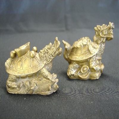 2 Pcs Feng Shui Brass Metal Copper Dragon Turtle Dragon Tortoises Statues