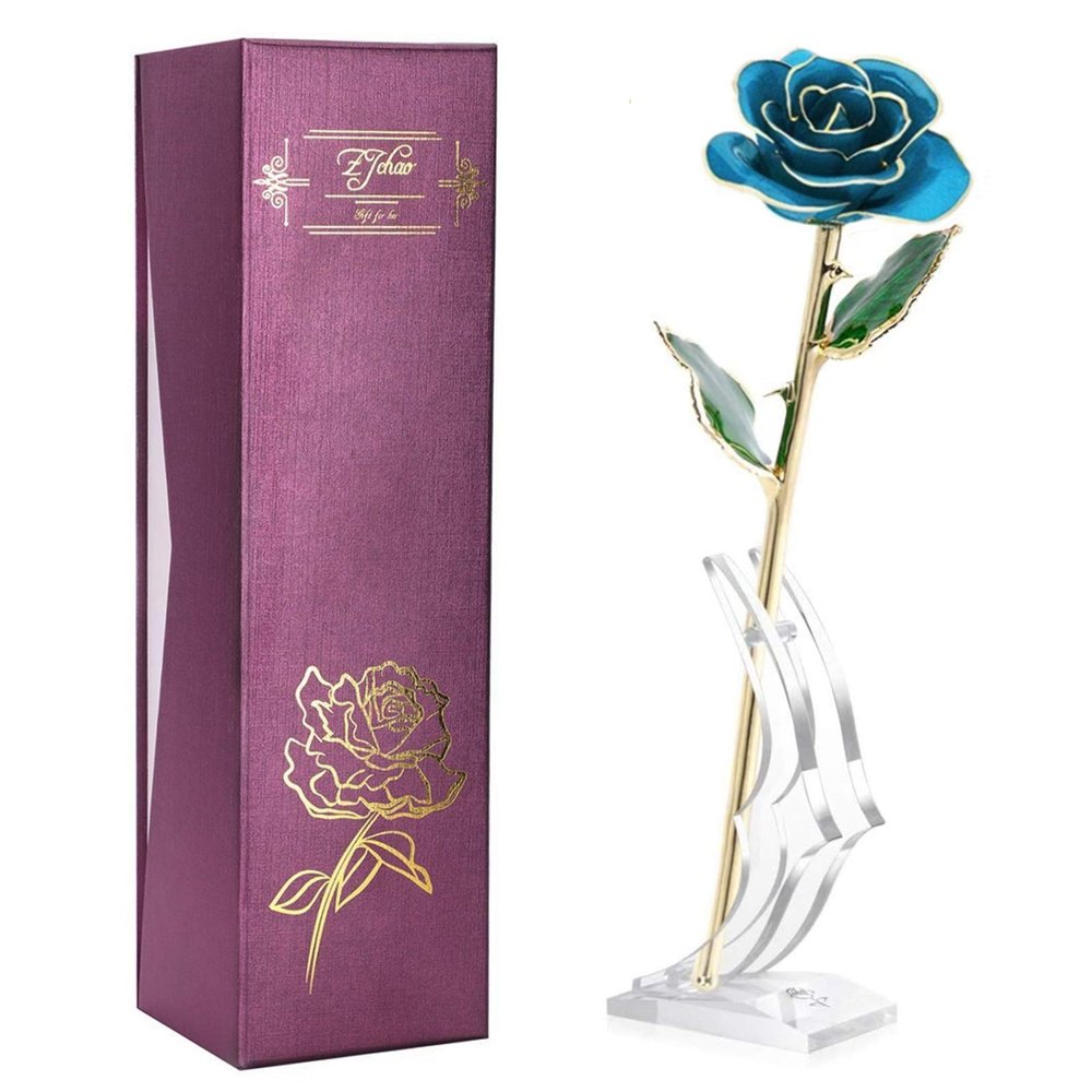 24K Blue Rose for Her, Dipped Gold Rose Love Real Golden Plated Preserved Eternal Flower with Rose Stand Present for Wife/Girlfriend/Friend (Blue)