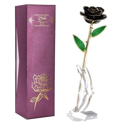 24K Black Rose for Her, Dipped Gold Rose Love Real Golden Plated Preserved Eternal Flower with Rose Stand Present for Wife/Girlfriend/Lover (Black)