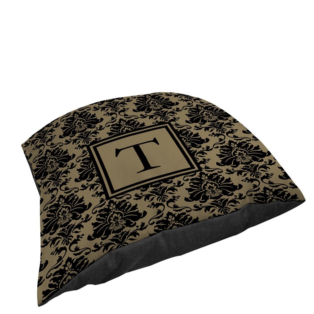 Manual Woodworkers & Weavers Square Throw Pillow, 14-Inch, Monogrammed Letter T, Black and Gold Damask