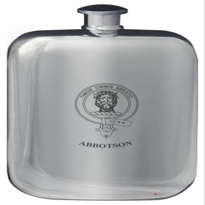 Abbotson Family Crest Design Pocket Hip Flask 6oz Rounded Polished Pewter