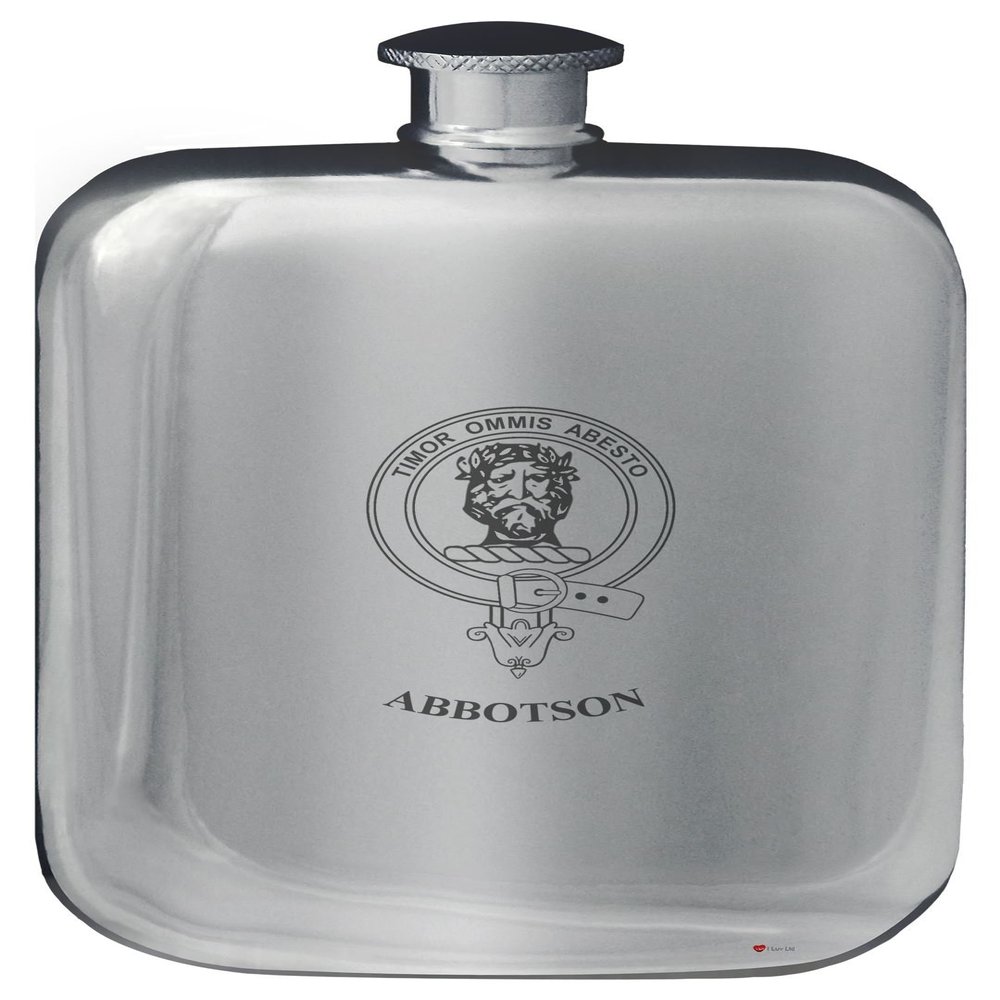 Abbotson Family Crest Design Pocket Hip Flask 6oz Rounded Polished Pewter