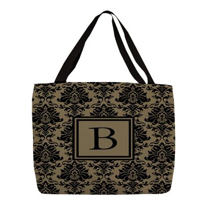 Manual Woodworkers & Weavers Shopping Tote Bag, 18-Inch, Monogrammed Letter B, Black and Gold Damask