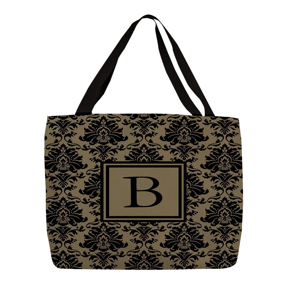 Manual Woodworkers & Weavers Shopping Tote Bag, 18-Inch, Monogrammed Letter B, Black and Gold Damask