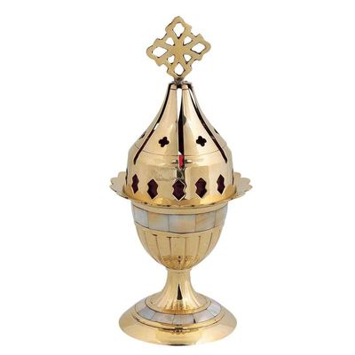Orthodox Greek Christian Bronze Votive Vigil Oil Lamp with Red Glass and Ivory - 4301b Mop
