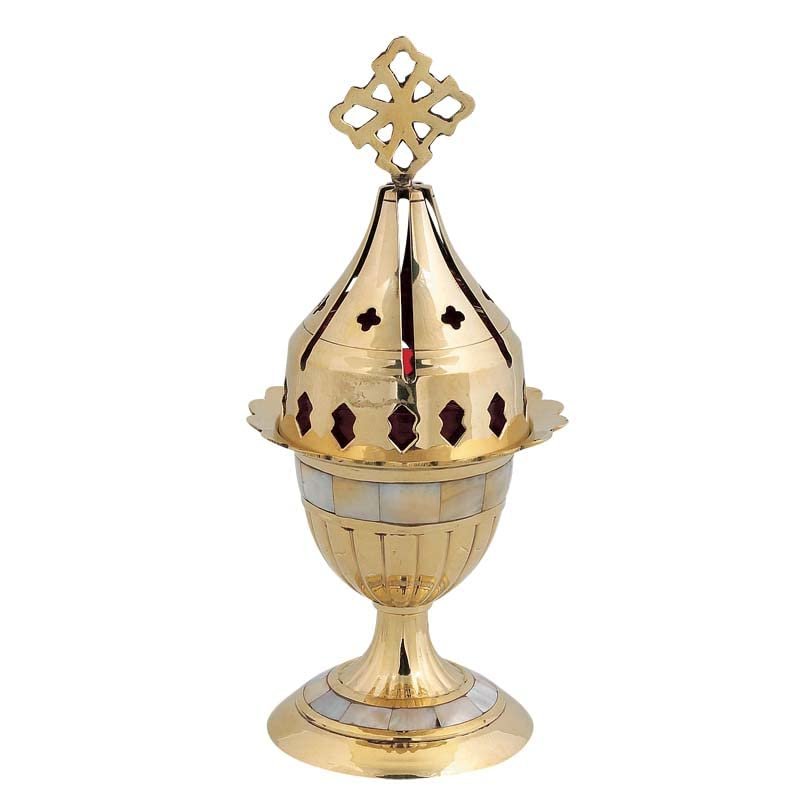 Orthodox Greek Christian Bronze Votive Vigil Oil Lamp with Red Glass and Ivory - 4301b Mop