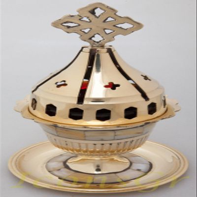Orthodox Greek Christian Bronze Votive Vigil Oil Lamp with Red Glass and Ivory - 4301a Mop