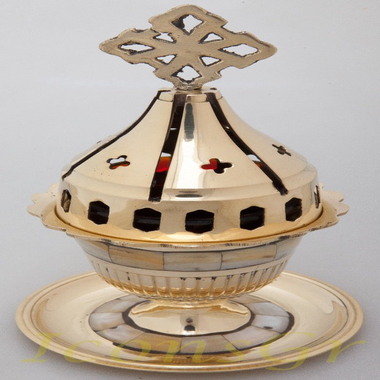 Orthodox Greek Christian Bronze Votive Vigil Oil Lamp with Red Glass and Ivory - 4301a Mop