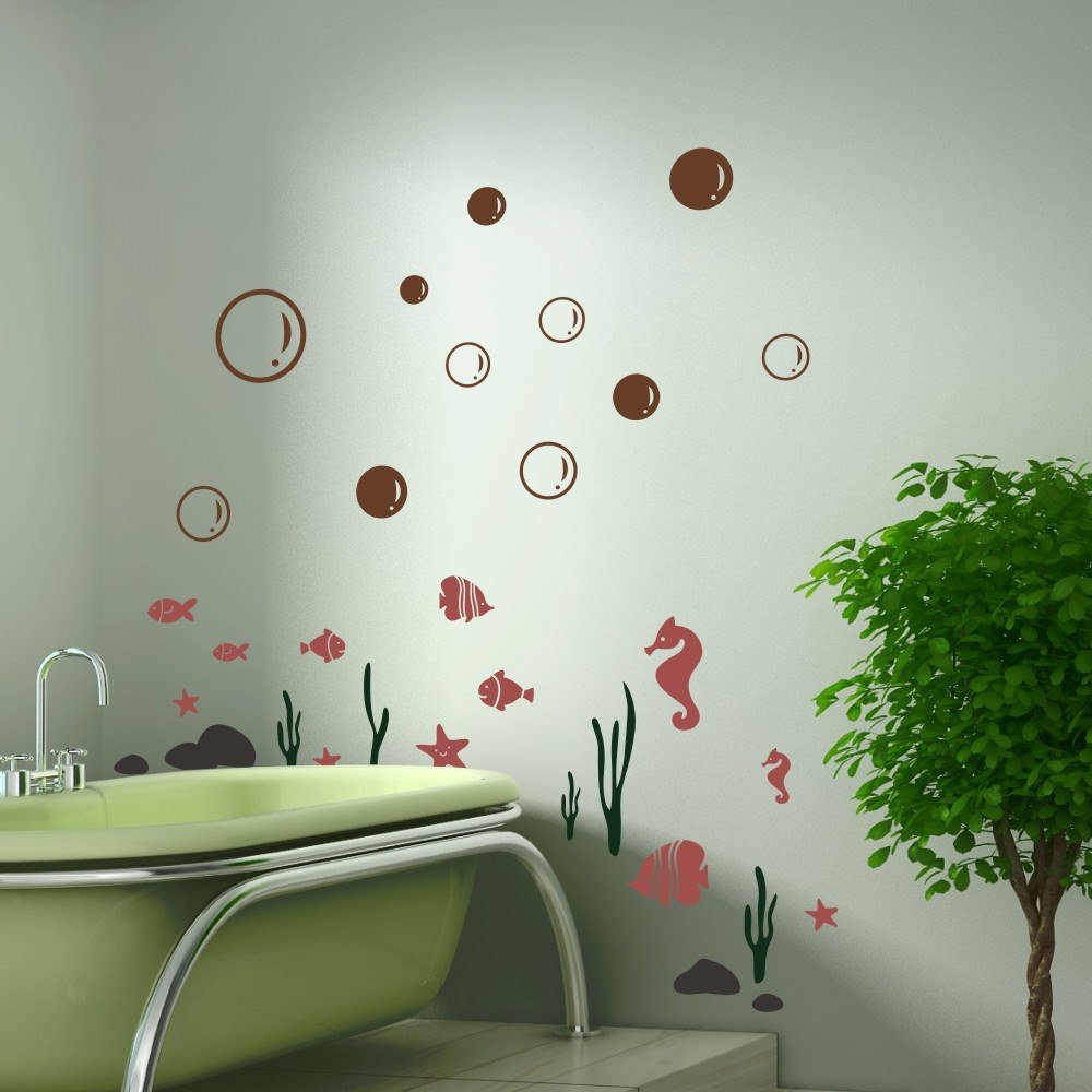 GECKOO Animal Decal Sea Buble Sticker Starfish Seahorse Seaweed Fish Set Bathroom Vinyl Kids Wall Mural( X-Large, A:Bubles- BrownFishes,Starfish,Sea horses- Dark RedSeaweed- Dark GreenStone- Black )