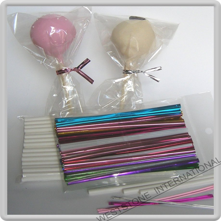100pcs x (6" Lollipop Sticks + 3"x5" Bags + 10 Multi-color Twist Ties) for Cake Pops Lollipop Candy (10 -colorful Ties)