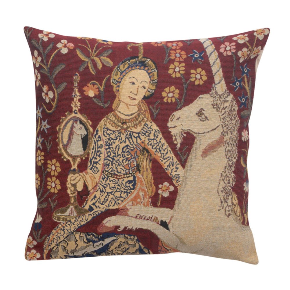 Charlotte Home Furnishings Couch Pillow Cover 16X16 in, Lady & Unicorn Decorative Red Throw Pillow Cover, Belgian Medieval Tapestry Bed Room Home Decor Sofa Cushion Cases, Soft Cotton Jacquard Woven