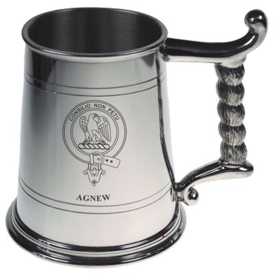 Agnew Crest Tankard with Rope Handle in Polished Pewter 1 Pint Capacity