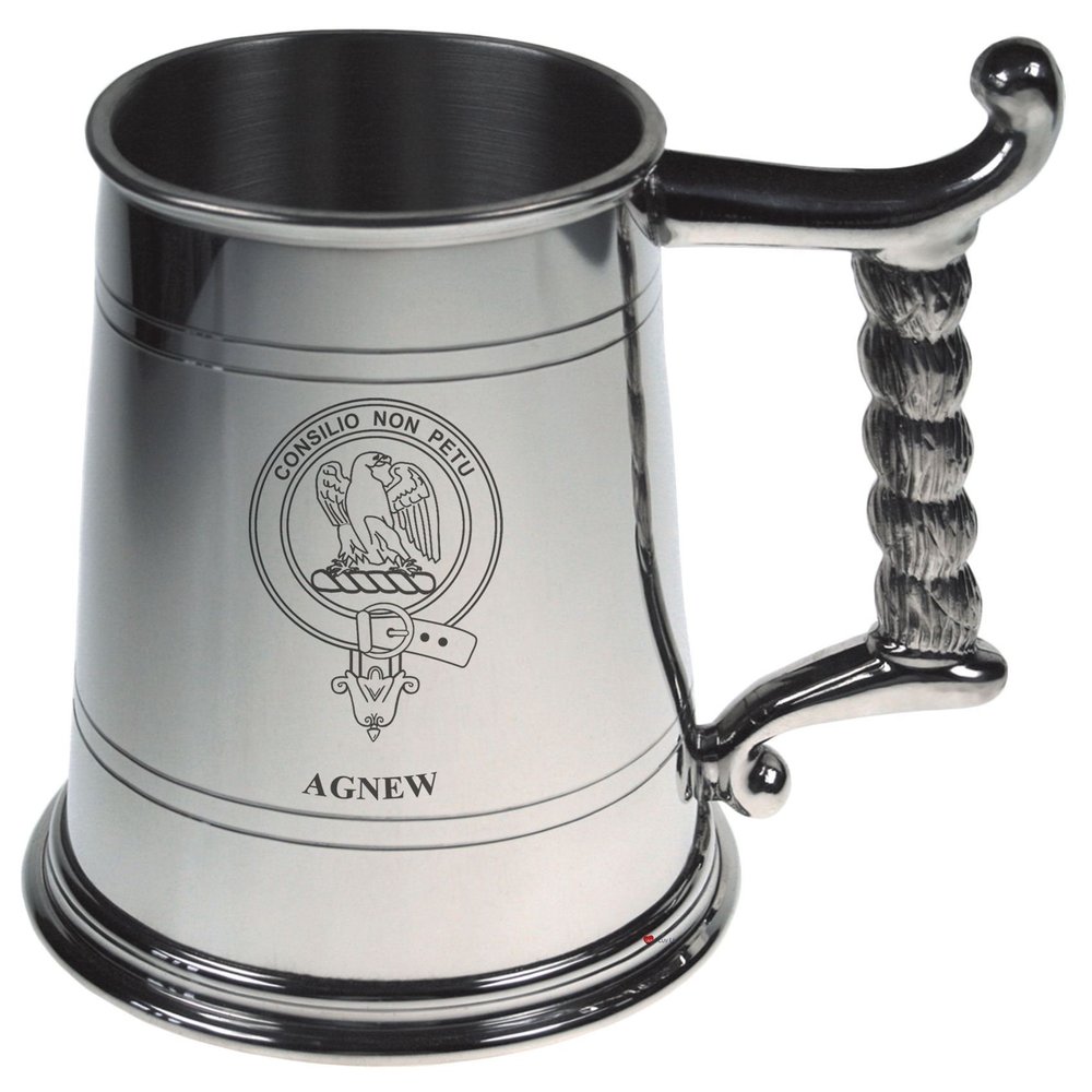 Agnew Crest Tankard with Rope Handle in Polished Pewter 1 Pint Capacity