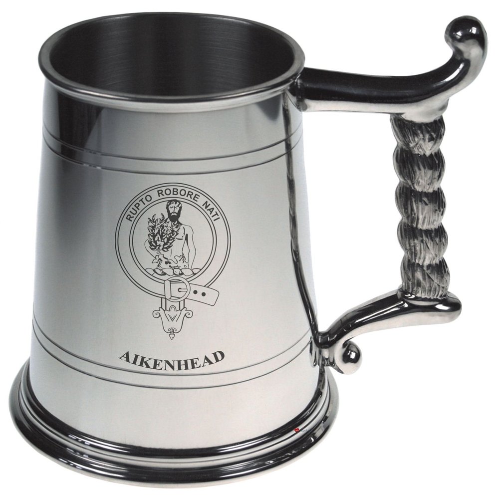 Aikenhead Crest Tankard with Rope Handle in Polished Pewter 1 Pint Capacity