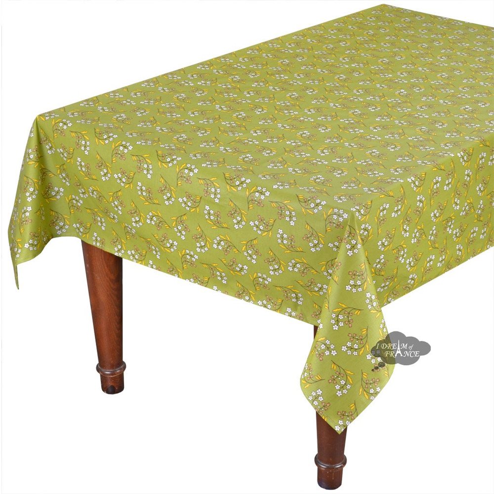 60x96" Rectangular Petite Fleur Green Cotton Coated Tablecloth by Le Cluny