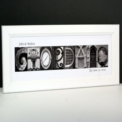 Creative Letter Art Wedding Bride and Groom Personalized 8 by 20 inch Framed Name Created with Architectural Alphabet Photographs - Exclusively