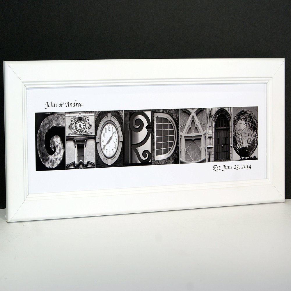 Creative Letter Art Wedding Bride and Groom Personalized 8 by 20 inch Framed Name Created with Architectural Alphabet Photographs - Exclusively