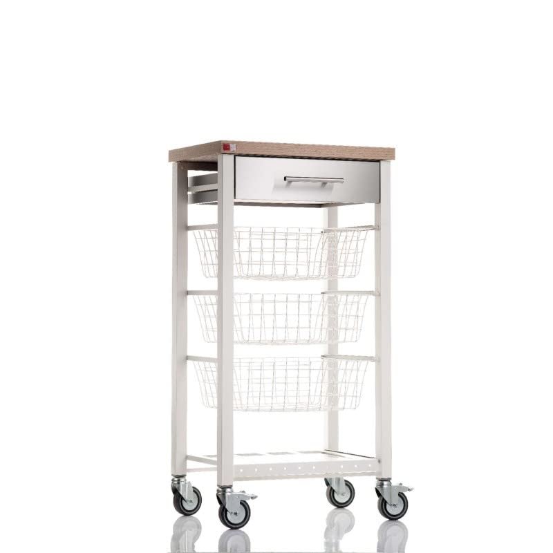 DON HIERRO - Rolling cart for Kitchen with Drawer ONDA. White, Stainless Steel -elm Color